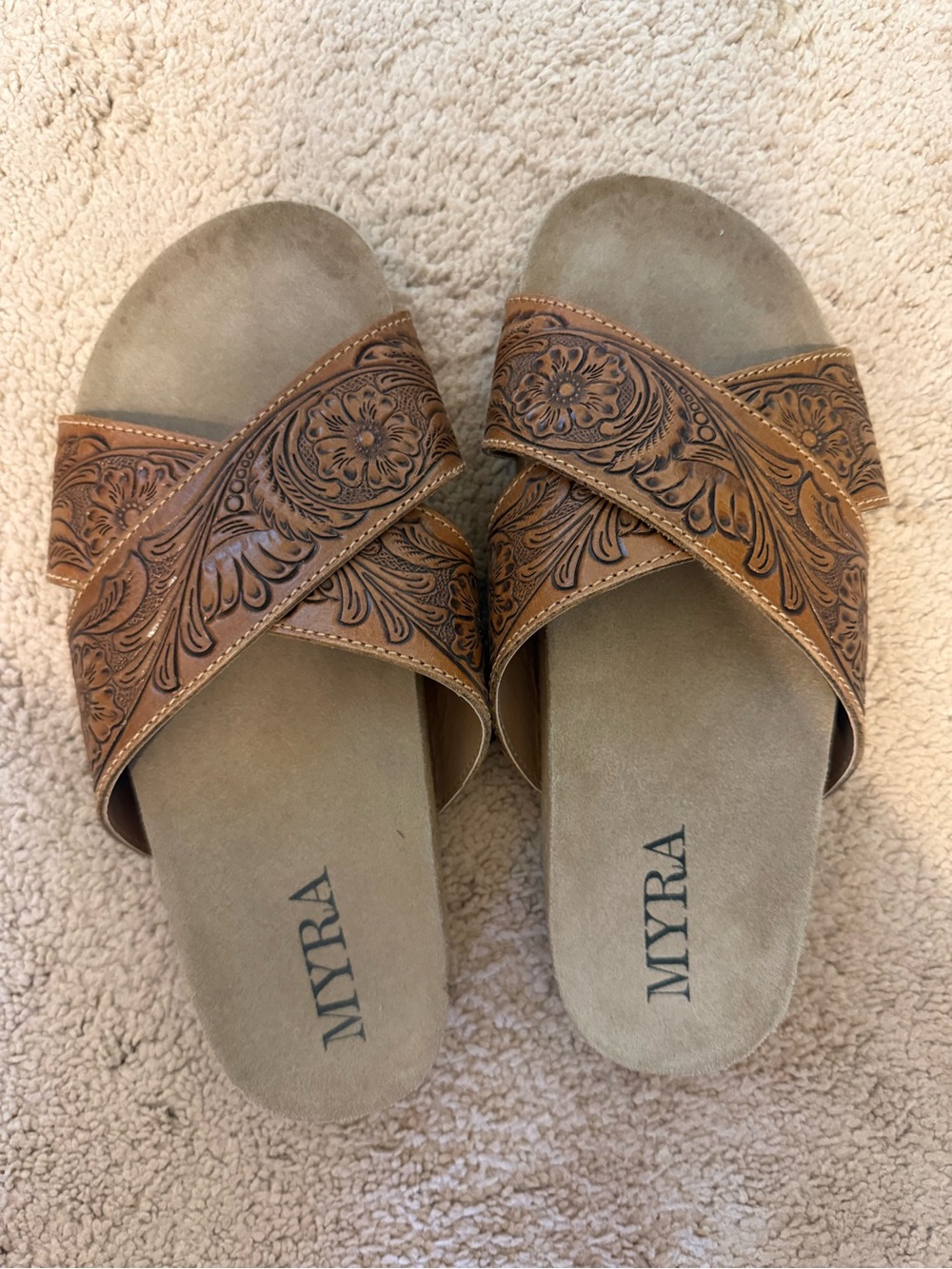 Myra Bag Tan Brown Tooled Leather Crossband Slide Sandals